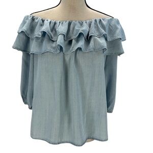 Sam and Jess Short Sleeve Double Ruffle Off Shoulder Blouse - Blue - size XLP